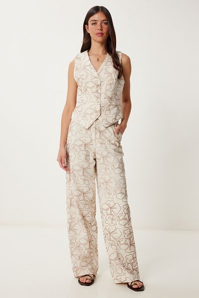 Lovelyİstanbul Embroidery Embroidered Linen Vest Pants Suit Cream Lrv0103