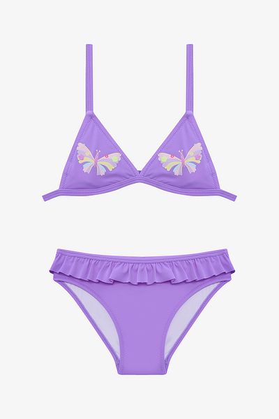 Penti Lilafarbener Mädchen-Bikinianzug mit Schmetterlingsrüschen und Dreieck