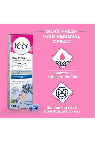 Veet Silky Fresh Hair Removal Cream for Sensitive Skin, Body & Legs, Aloe & Violet Scent, 100g