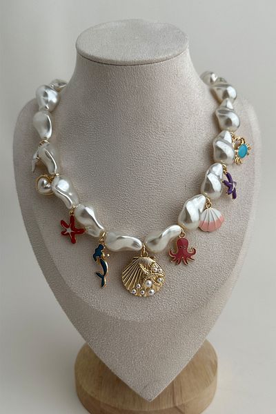 Modex Geometric Pearl Mussel Shell D. Star Multi-Figure Necklace (42cm)