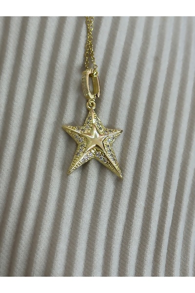 Hicrans Takı BÜYÜK TAŞI YILDIZ MODEL ÇELİK KOLYE