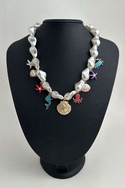 Modex Geometric Pearl Mussel Shell D. Star Multi-Figure Necklace (42cm)
