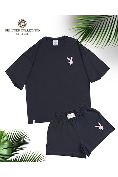 JANSO GROUP -Women's Rabbit Printed Tshirt-Shorts Set 2-Piece Oversized Large Size Cotton