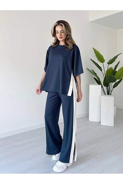 HARMONY GLOBAL Anthracite Striped Modal Fabric Double Set with Leg Slits and Relaxed Cut