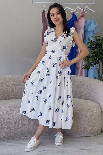 zks grup tekstil Γυναικείο Λευκό Μπλε Floral Φόρεμα με Ζώνη Μίντι Μήκος Καλοκαιρινό Φόρεμα