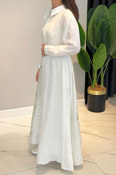 Ceremony Kraşlı Patterned and Plain Combination Long Monarch Dress with Elastic Waist 5706 Ecru