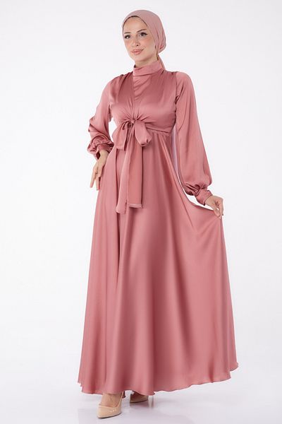 TOFİSA Front Tie Evening Dress Rose - 25342