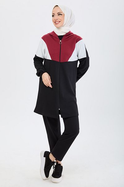 TOFİSA Hooded Tunic Trousers Claret Red - 13107