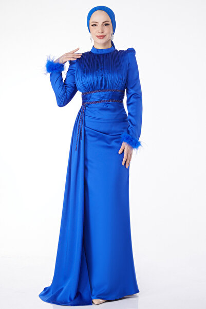 TOFİSA Saks večerní šaty s péřovým límcem a rukávy - 24885