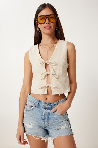 Lovelyİstanbul Embroidery Embroidered Linen Vest Cream Lhf0025