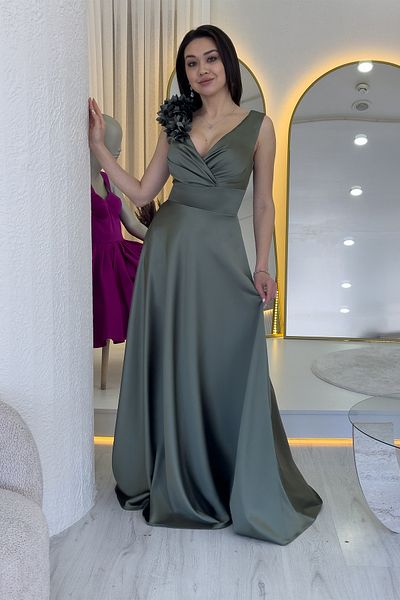 the ZKS Women's Double Breasted Collar Shoulder Flower Detailed Satin Evening Dress Khaki, Burgundy, Baby Blue