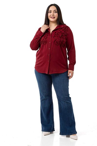 DISENTIS MODEST Plus Size Embossed Fabric Detailed Burgundy Shirt