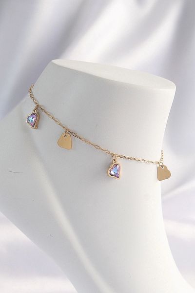 STOREMAX 316L Steel Gold Color Minimal Colorful Zircon Stone Heart Anklet