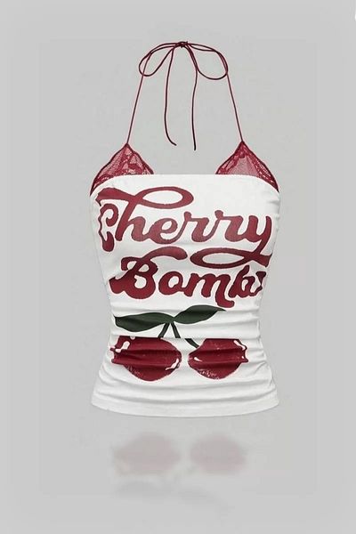 1blood White Cherry Bomb Lace Crop Top with Additional Straps