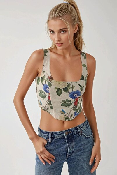 Hiccup Square Neck Floral Patterned Gimped Crop Top