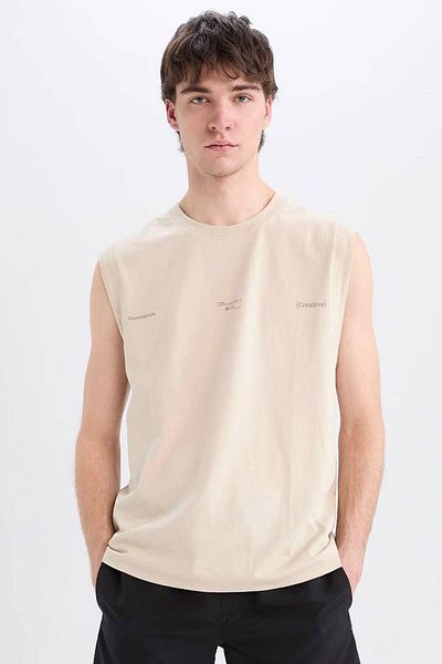DeFacto Ανδρικό αμάνικο μπλουζάκι Boxy Fit Printed Beige E3218ax/bg106