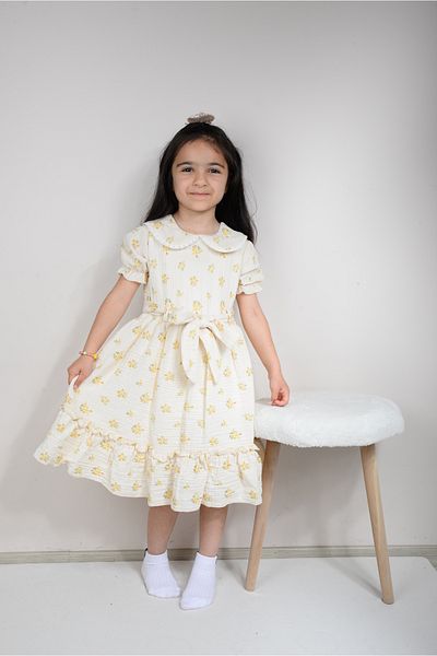 KİDSPİTİRCİK Girl's Ecru Flower Patterned Muslin Fabric Dress (100% Cotton)