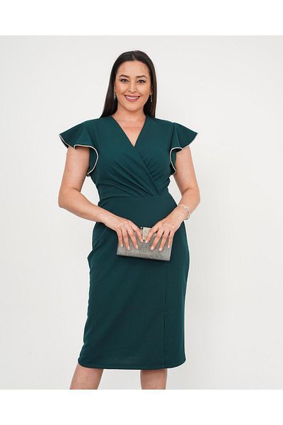 Butik Nilyam Women's Plus Size Double Breasted Collar Sleeve Stone Detailed Slit Midi Evening Dress 24771