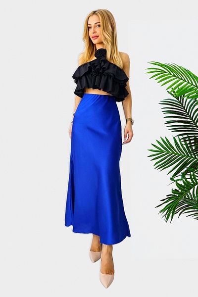 FashionForYou Fustă elegantă Penelope, cu textură satinată și croială lungă, albastru regal, mărime S/M/L