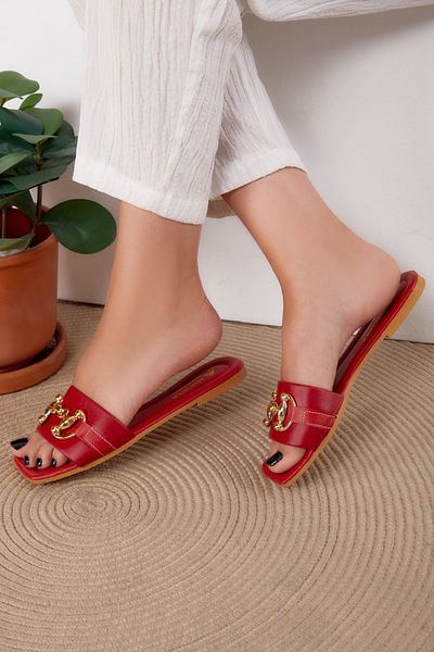 TOFİSA Women's Red Buckle Slippers - 25531