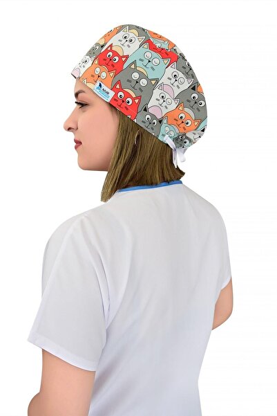 Nur Ortopedi Unisex Turuncu Kedi Temalı Doktor Hemşire Hastane Aşçı Cerrahi Bonesi