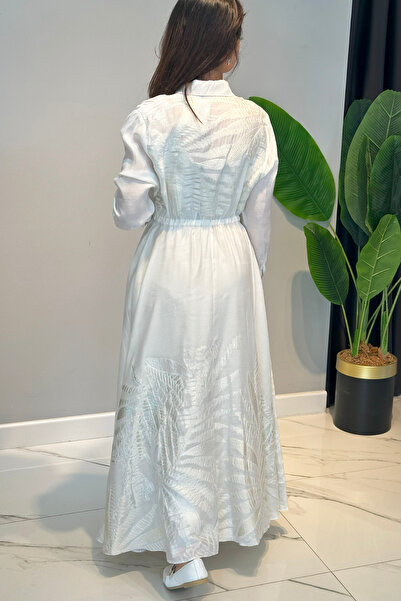 Ceremony Kraşlı Patterned and Plain Combination Long Monarch Dress with Elastic Waist 5706 Ecru