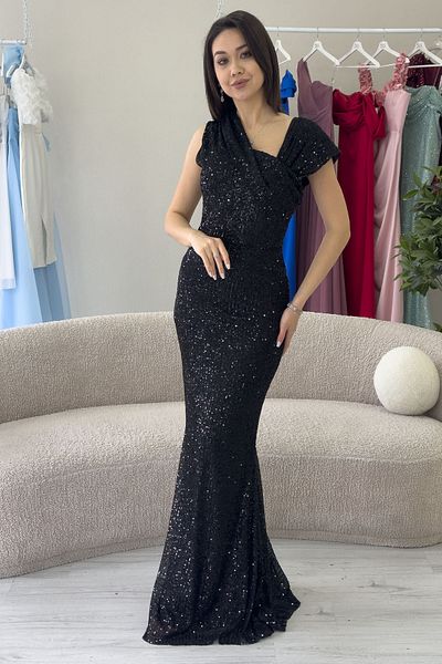 zks grup tekstil Women's Asymmetrical Neckline Sequin Sequin Plus Size Fish Evening Dress Black, Mink