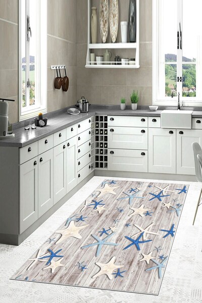 Pelangi Beyaz Mavi Yıldız Desenli Yıkanabilir Kaymaz Taban Leke Tutmaz Modern...