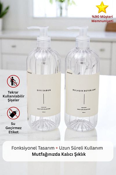 homence Plastic Bottle Kitchen Set of 2 Transparent Soap Dispensers with Dishwashing Liquid and Liquid Soap Label 500 ml
