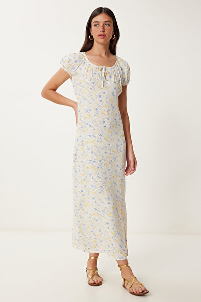 Lovelyİstanbul Çiçek Desenli Yazlık Viskon Elbise KREM MAVİ LHF0027