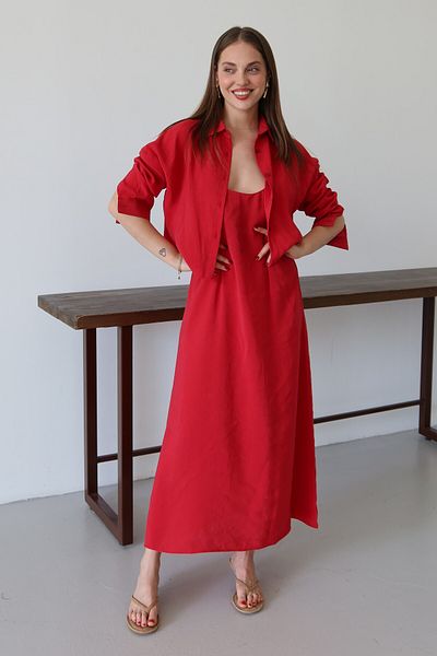 Laluvia Red Modal Shirt Dress Set - 51153