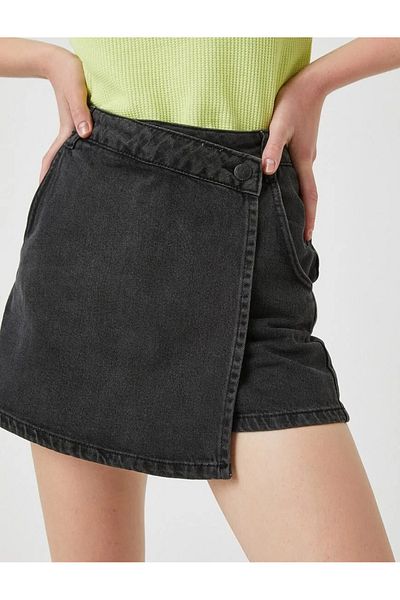 TugsatTasarTekstil Women's Anthracite High Waist Double Breasted Jean Shorts Skirt Without Lycra