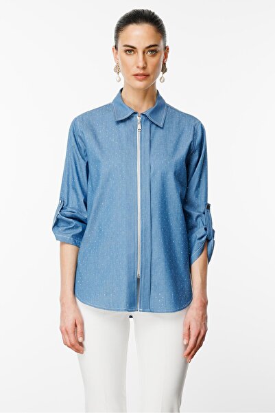 Moda İlgi Modailgi Taş Detaylı Fermuar Kapamalı Gömlek Mavi