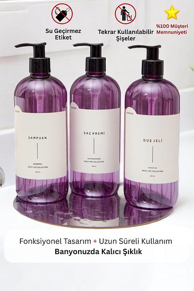 homence Shampoo Shower Gel Conditioner Label Plastic Bottle Bathroom Set 3-Piece Purple Soap Dispenser 500ml