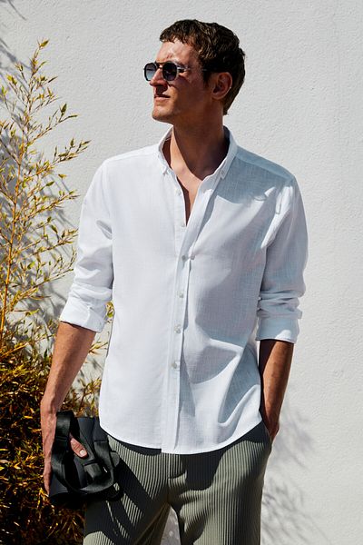 GRIMELANGE Perttu Men's 100% Cotton Slim Fit Slim Fit Buttoned Collar Linen Look Flared White Shirt