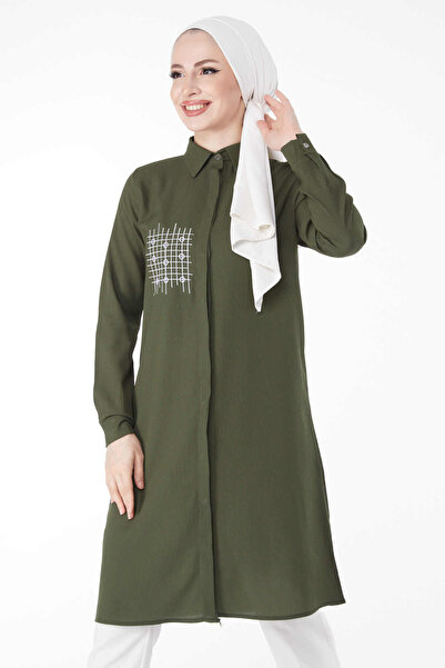 TOFİSA Pocket Embroidery Detailed Tunic Khaki - 13123