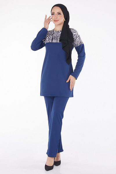 TOFİSA Leopard Garnished Double Suit Navy Blue - 13210