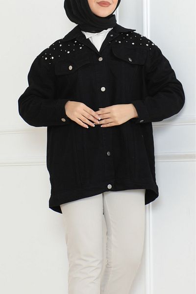 TOFİSA Women's Oversize Shirt Collar Shoulder Stone Denim Jacket - 26616