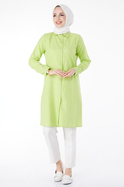 TOFİSA Plain Shirt Collar Women's Green Tunic - 13141