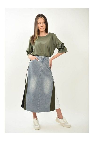 TRENDY.İNG FUSTA COMBINATA DENIM KAKI PAVIA IN FORMA DE A M Denim Deschis