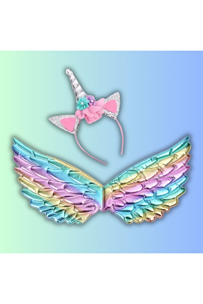 darko 2 Parça Set Takım Kanat Unicorn Taç Peri Pembe Gri Parlak Parti Kostüm ...