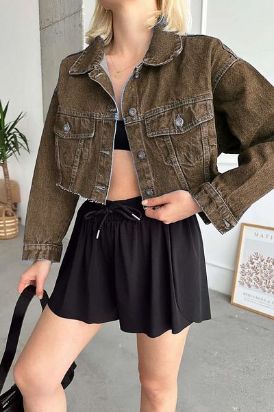 TOFİSA Women's Double Pocket Laser Cut Crop Denim Jacket Brown Tint Wash - 26582