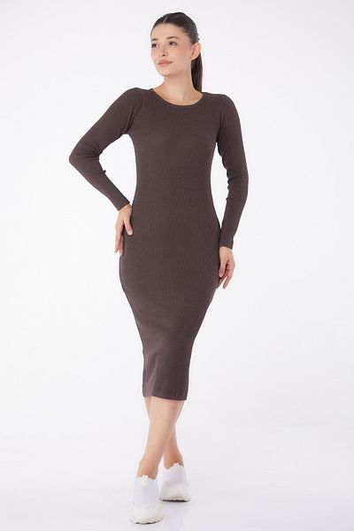 TOFİSA Women's Brown Midi Dress - Plain Crew Neck - 26126