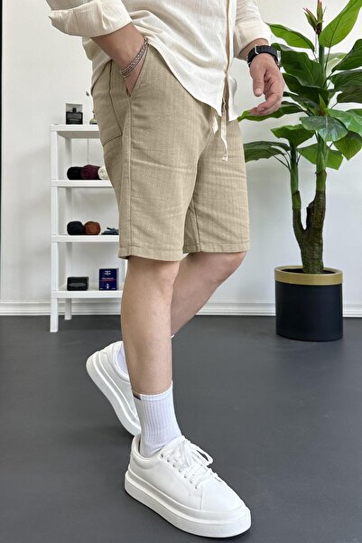 Edwox Men's Elastic Waist Linen Fabric Shorts Brown Edw370