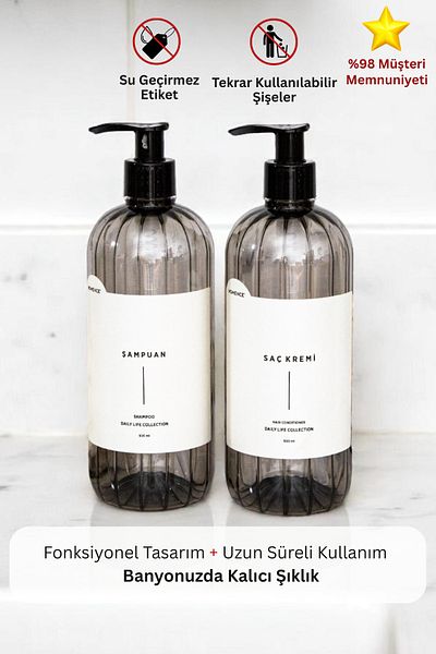 homence Set of 2 Smoked Soap Dispenser Shampoo and Conditioner Plastic Bottles - 500 ml