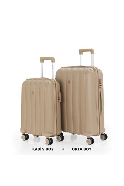 MÇS Bavul Orta ve Kabin 2li Set Kırılmaz Silikon Valiz V305 Şampanya