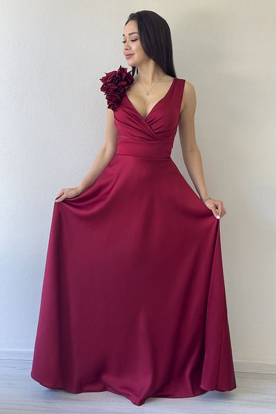 the ZKS Women's Double Breasted Collar Shoulder Flower Detailed Satin Evening Dress Khaki, Burgundy, Baby Blue