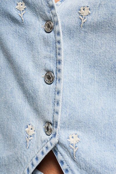 its basic Vestă din denim pentru femei, culoarea blui 3s5-3, cu broderie florală, cu nasturi în față, cu mâneci zero