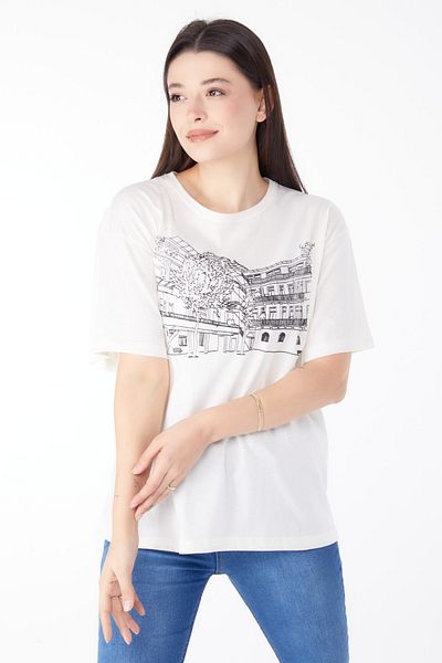 TOFİSA Printed Short Sleeve T-Shirt Ecru - 25389