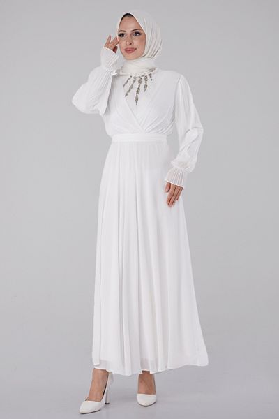 TOFİSA Stone Chiffon Dress White - 26256